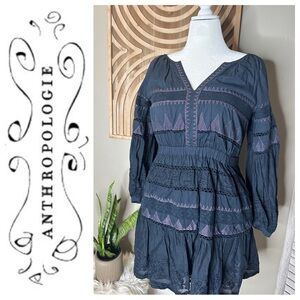 Anthropologie long sleeved navy peasant dress with purple thread details